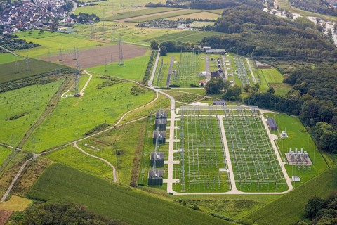 Aerial view, power line and substation Garenfeld in the district Boele in Hagen, Ruhr area, North