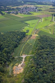 Aerial view, power line and substation Garenfeld in the district Boele in Hagen, Ruhr area, North