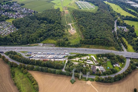 Aerial view, Lennhof service area on the A1 motorway in the Boele district of Hagen, Ruhr area,