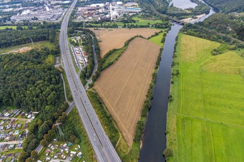 Aerial view, Lennhof service area on the A1 motorway with Lennemündung into the Ruhr in the