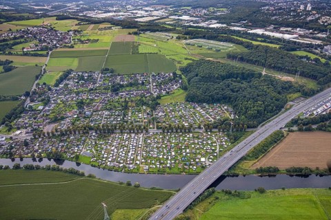 Aerial view, CampingClub Garenfeld Ruhrbogen at the river Ruhr in the district Boele in Hagen, Ruhr