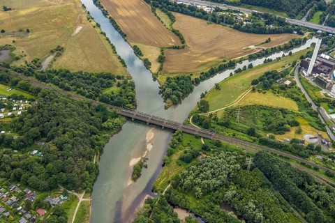 Aerial view, the mouth of the river Lenne into the Ruhr near Hagen and Dortmund, a week ago the