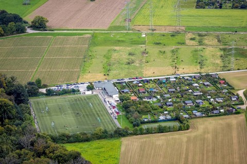 Aerial view, sports field SC Berchum / Garenfeld and allotment garden association Garenfeld in the