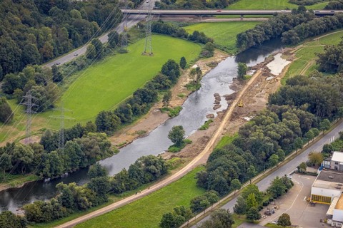Aerial photo, renaturalisation measure river Lenne and Lenneauen in the district Lennetal in Hagen,