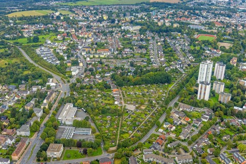 Aerial view, view Pappelstraße with allotment garden site Pivitt and allotment garden site