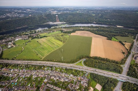 Aerial view, view from the motorway A1 exit Hagen-Nord to the Köpchenwerk RWE pumped storage power