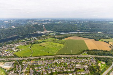 Aerial view, view from the motorway A1 exit Hagen-Nord to the Köpchenwerk RWE pumped storage power