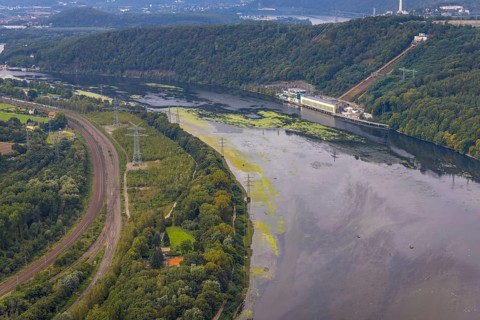 Aerial view, algae infestation in the Hengsteysee with Köpchenwerk RWE pumped storage power plant