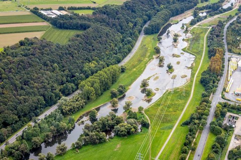 Aerial photo, renaturalisation measure river Lenne and Lenneauen in the district Lennetal in Hagen,