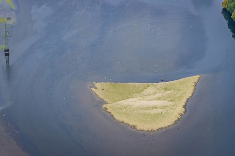 Aerial view, Hengsteysee with sandbank in the district Boele in Hagen, Ruhr area, North