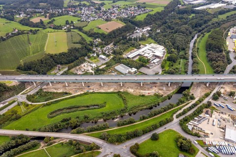 Aerial view, motorway A45 new Lennetal bridge in the district Lennetal in Hagen, Ruhr area, North