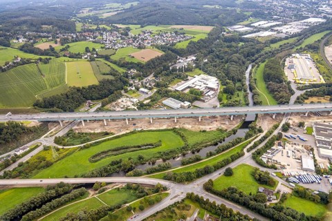 Aerial view, motorway A45 new Lennetal bridge in the district Lennetal in Hagen, Ruhr area, North