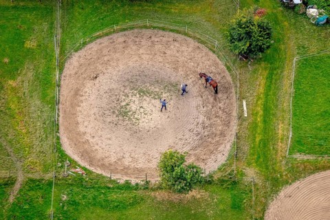 Aerial view, riding stable In den Wiesen in Garenfeld in the district Boele in Hagen, Ruhr area,