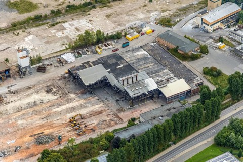 Aerial view, demolition of dolomite works for the construction of an industrial park in the