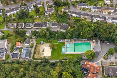 Aerial view, outdoor swimming pool Henkhausen in the district Hohenlimburg in Hagen, Ruhr area,