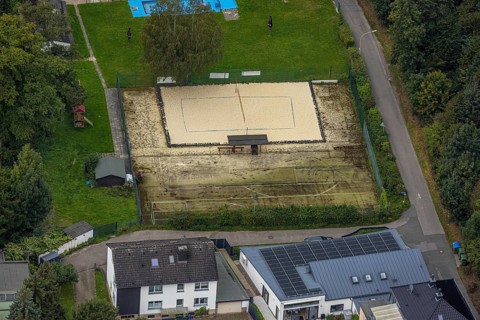 Aerial view, volleyball court at the outdoor swimming pool Henkhausen in the district Hohenlimburg