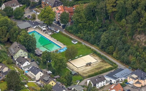 Aerial view, outdoor swimming pool Henkhausen in the district Hohenlimburg in Hagen, Ruhr area,