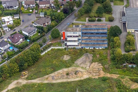 Aerial view, fallow land at the Kirchenbergstadion with planned construction of a fitness centre in