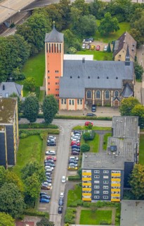 Aerial view, high-rise buildings and Catholic Church of the Sacred Heart of Jesus in the Eilpe