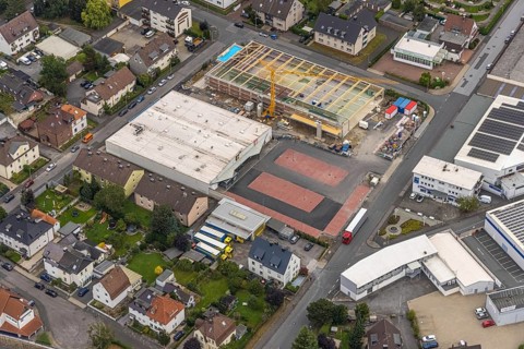 Aerial view, commercial area Elseyer Straße with construction site and new building at Lidl