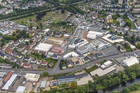 Aerial view, commercial area Elseyer Straße with construction site and new building at Lidl in the