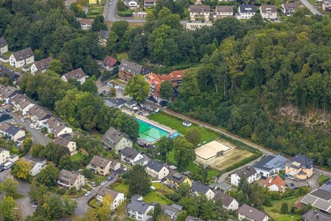 Aerial view, outdoor swimming pool Henkhausen in the district Hohenlimburg in Hagen, Ruhr area,