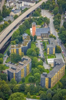 Aerial view, high-rise buildings and Catholic Church of the Sacred Heart of Jesus in the Eilpe
