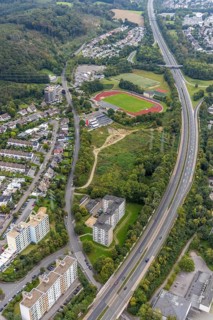 Aerial view, fallow land at the Kirchenbergstadion with planned construction of a fitness centre in