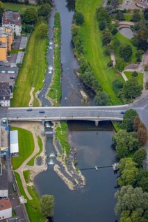 Aerial view, bridge of the federal road B7 Stennenstraße over the river Lenne with white water