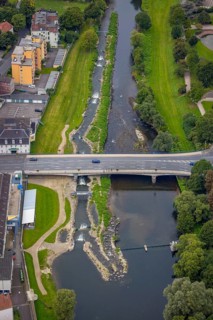 Aerial view, bridge of the federal road B7 Stennenstraße over the river Lenne with white water
