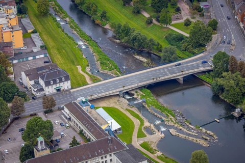 Aerial view, bridge of the federal road B7 Stennenstraße over the river Lenne with white water