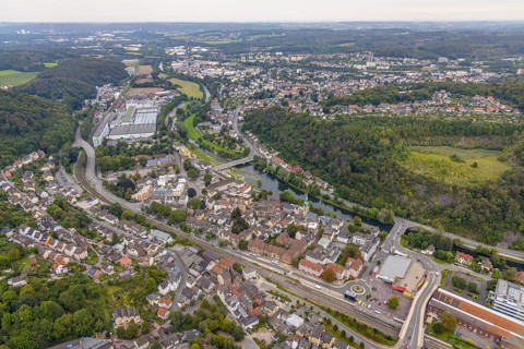Aerial view, town view with Lenne bridge and river Lenne and quarry Hagen-Hohenlimburg in the
