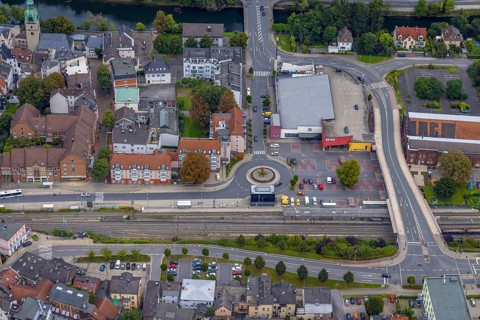 Aerial view, roundabout and shopping centre Bahnstraße in the district Hohenlimburg in Hagen, Ruhr