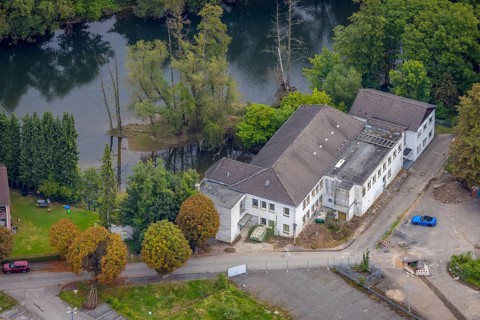 Aerial view, construction site Der Langenkamp between river Lenne and railway tracks for a new