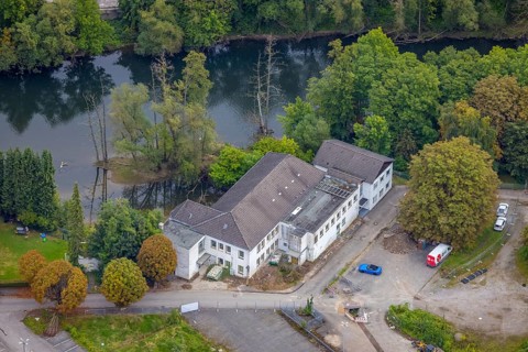 Aerial view, construction site Der Langenkamp between the river Lenne and railway tracks for a new