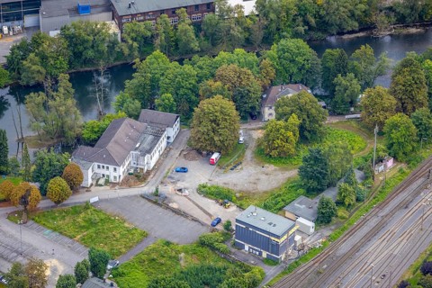 Aerial view, construction site Der Langenkamp between river Lenne and railway tracks for a new