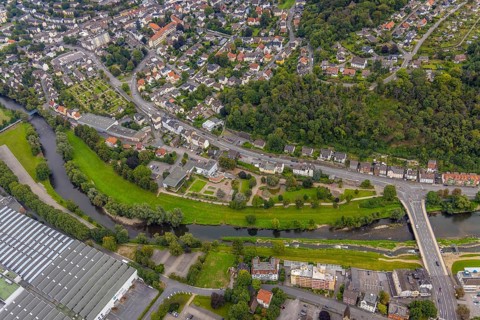 Aerial view, river Lenne at Lennepark and Richard-Römer-Lennebad in the district Hohenlimburg in