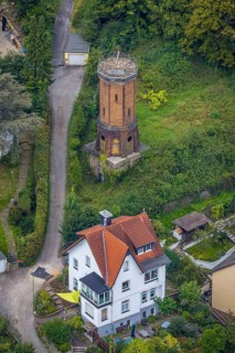 Aerial view, octagonal water tower with monument protection at Boeingstraße in the district