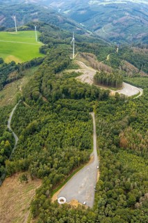 Aerial view, forest area with planned wind turbine construction in Veserde in