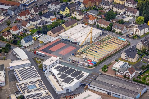 Aerial view, commercial area Elseyer Straße with construction site and new building at Lidl