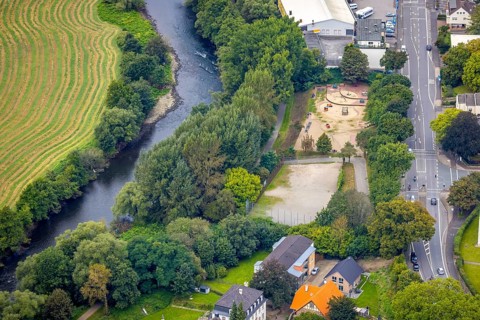 Aerial view, Elseyer playground at the river Lenne in the district Hohenlimburg in Hagen, Ruhr