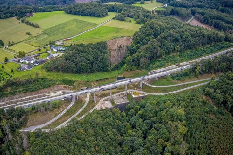 Aerial view, motorway A45 valley bridge Kattenohl in the district Eilpe in Hagen, Ruhr area, North