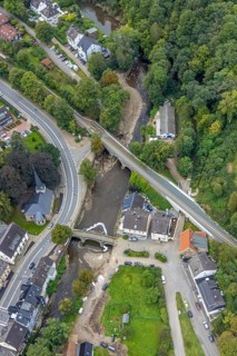 Aerial photo, flood protection at the Volme bridge and railway bridge in the district of Dahl in