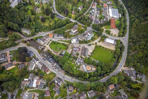 Aerial photo, flood protection at the Volme bridge and railway bridge in the district of Dahl in
