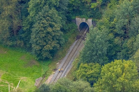 Aerial view, tunnel entrance of the railway in the district of Dahl in Hagen, Ruhr area, North