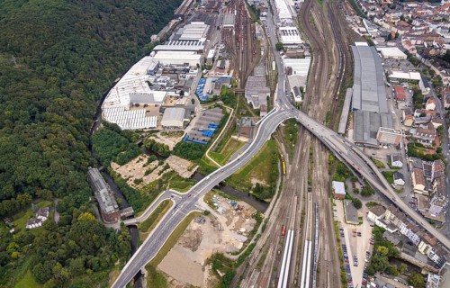 Aerial view, Westside City construction area and construction site between new road with river