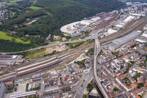 Aerial view, Westside City construction area and construction site between new road with river