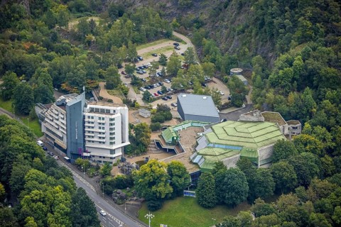 Aerial view, congress and event park civic hall Hagen with the Mercure Hotel in the district