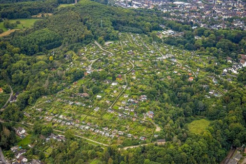 Aerial view, allotment garden association Goldberg in the district Eilpe in Hagen, Ruhr area, North