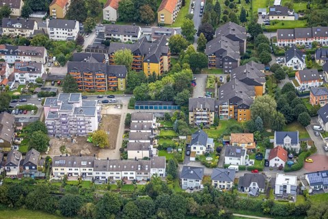 Aerial view, house renovation in the Riegerbusch residential area in the Eilpe district of Hagen,